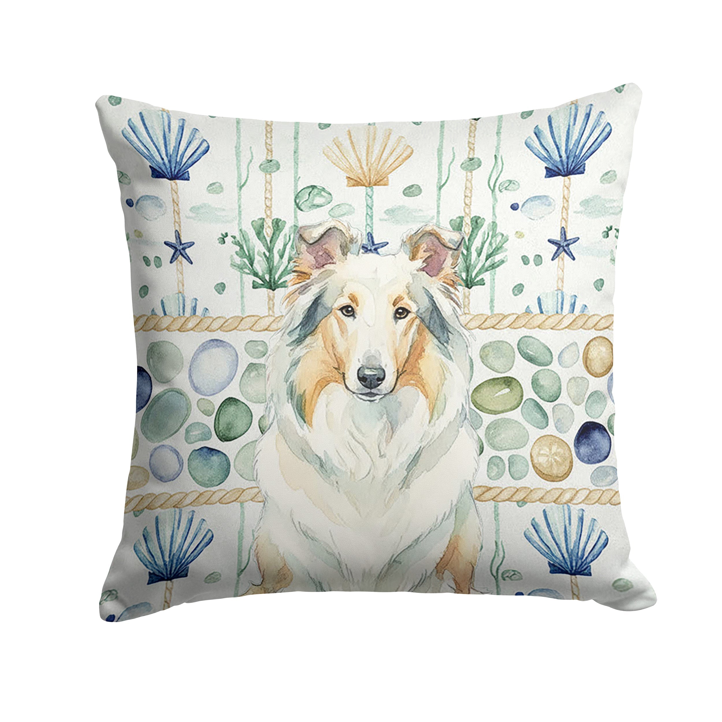 White Collie Coastal Sea Glass Decorative Throw Pillow 14x14 Indoor Outdoor Accent Cushion, Fabric Cover with Insert for Sofa, Bed, Porch & Living Room
