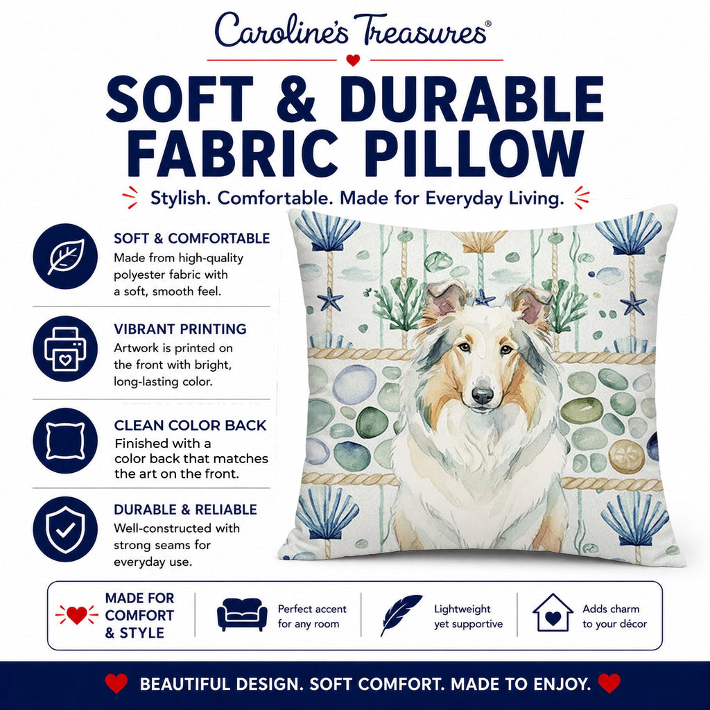 White Collie Coastal Sea Glass Decorative Throw Pillow 18x18 Indoor Outdoor Accent Cushion, Fabric Cover with Insert for Sofa, Bed, Porch & Living Room