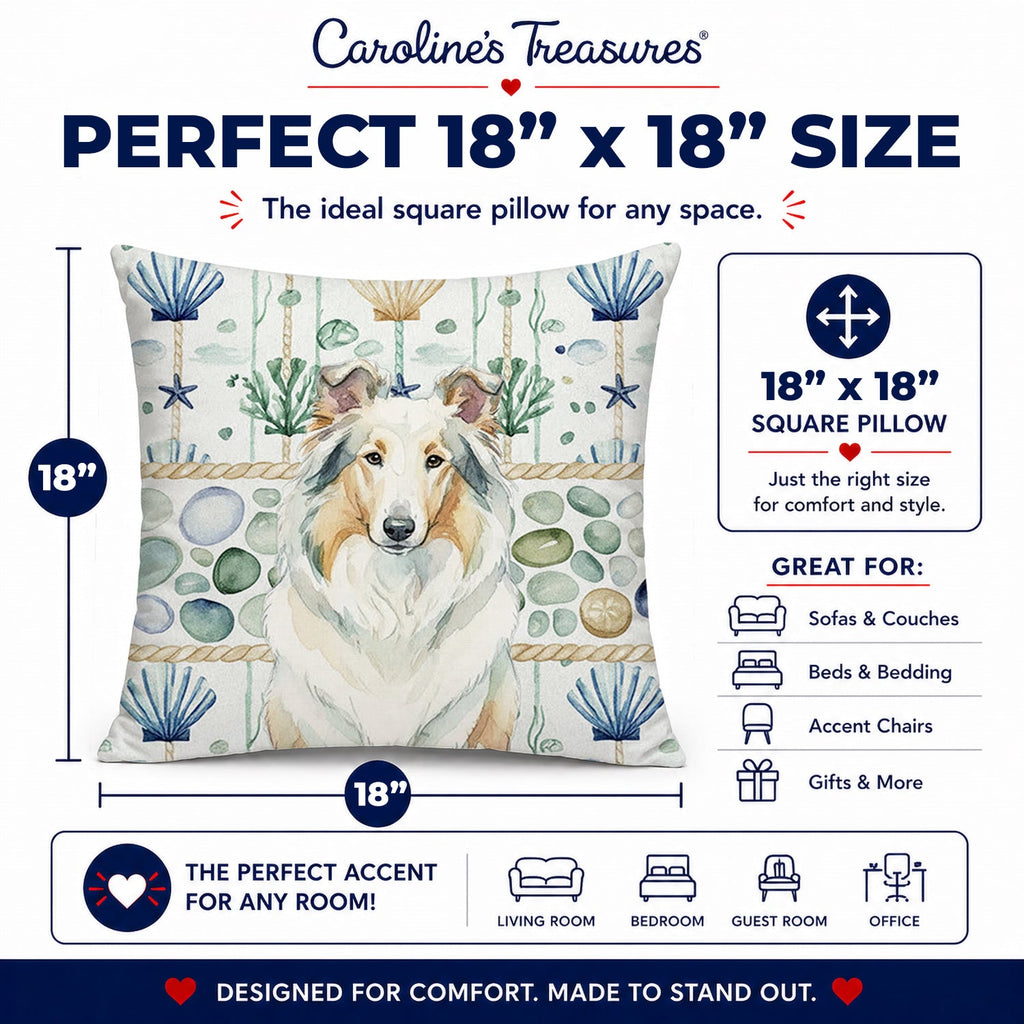 White Collie Coastal Sea Glass Decorative Throw Pillow 18x18 Indoor Outdoor Accent Cushion, Fabric Cover with Insert for Sofa, Bed, Porch & Living Room