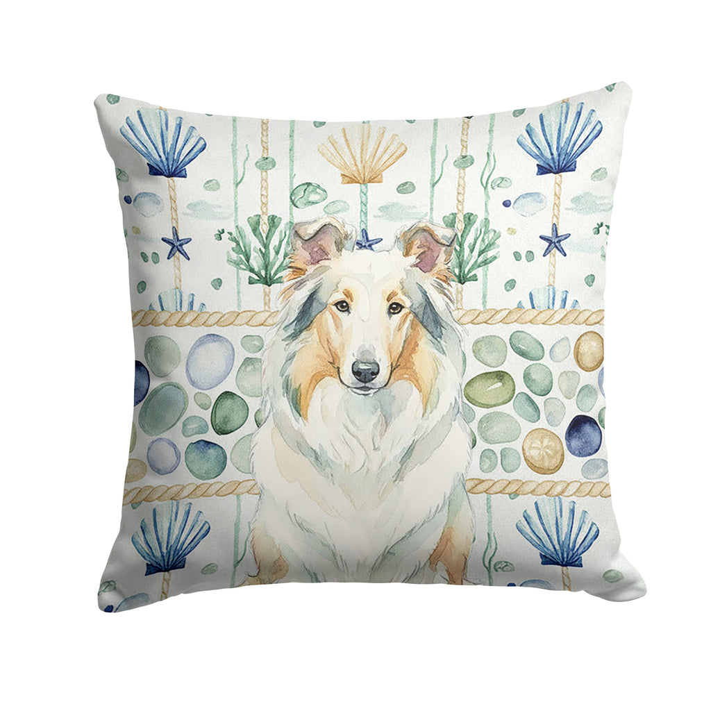 White Collie Coastal Sea Glass Decorative Throw Pillow 18x18 Indoor Outdoor Accent Cushion, Fabric Cover with Insert for Sofa, Bed, Porch & Living Room
