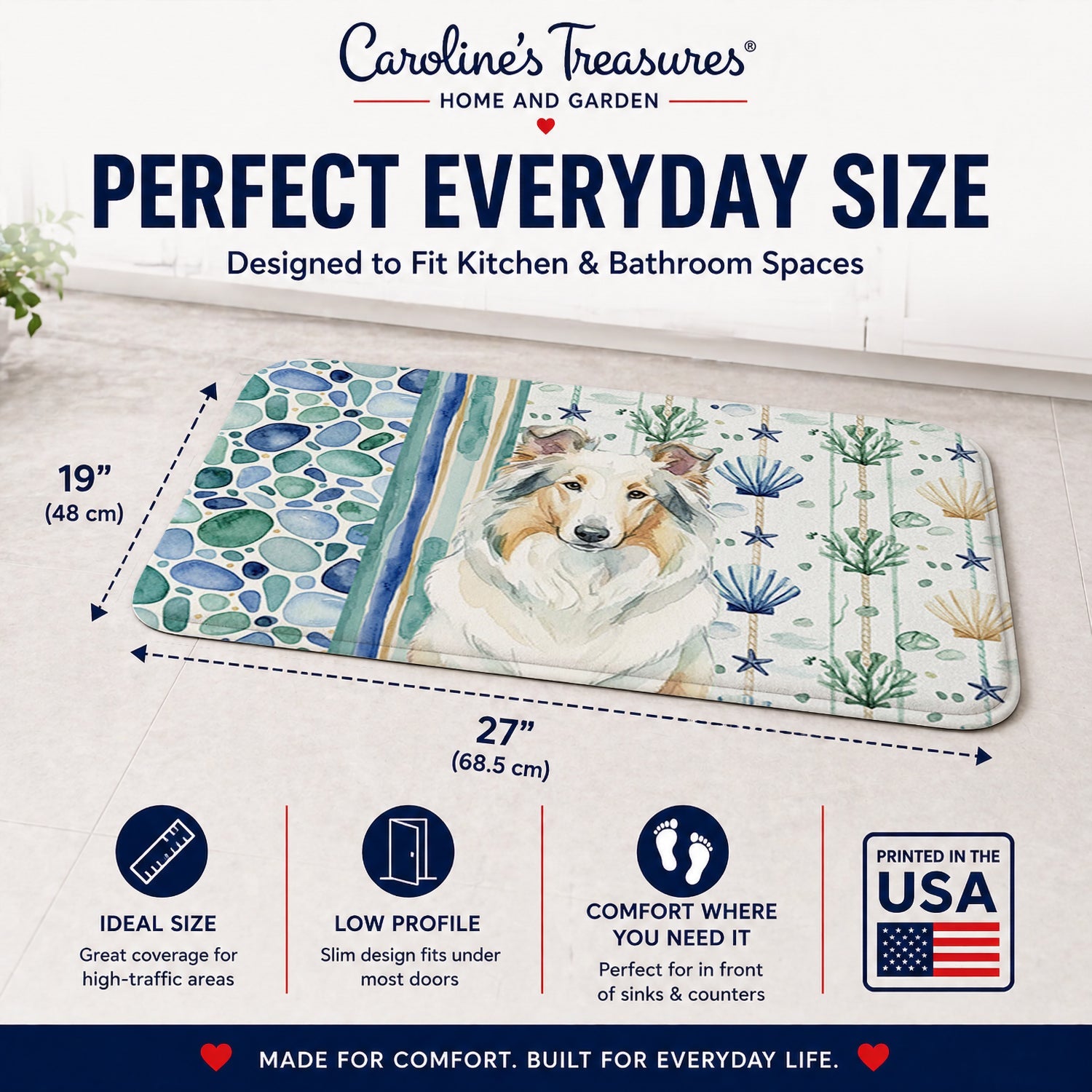 White Collie Coastal Sea Glass Memory Foam Kitchen Mat Machine Washable Anti-Fatigue Cushion Comfort Bath or Kitchen Rug
