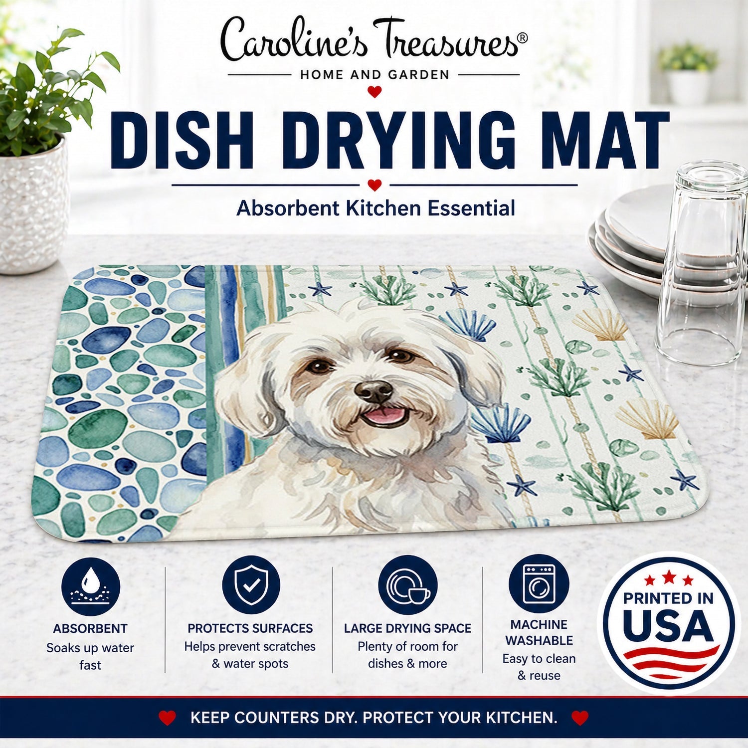 Coton de Tulear Coastal Sea Glass Dish Drying Mat Absorbent Dish Drying Mat Pad for Kitchen Counter Dish Drainer Mat for Countertop, 14 x 21", Multicolor