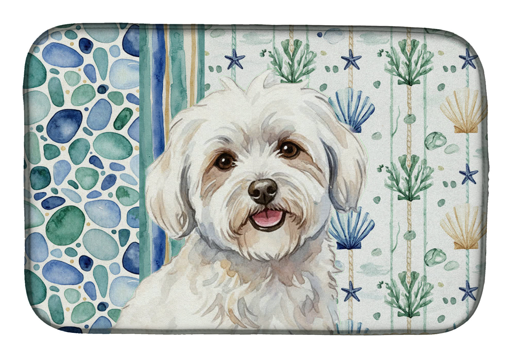 Coton de Tulear Coastal Sea Glass Dish Drying Mat Absorbent Dish Drying Mat Pad for Kitchen Counter Dish Drainer Mat for Countertop, 14 x 21", Multicolor