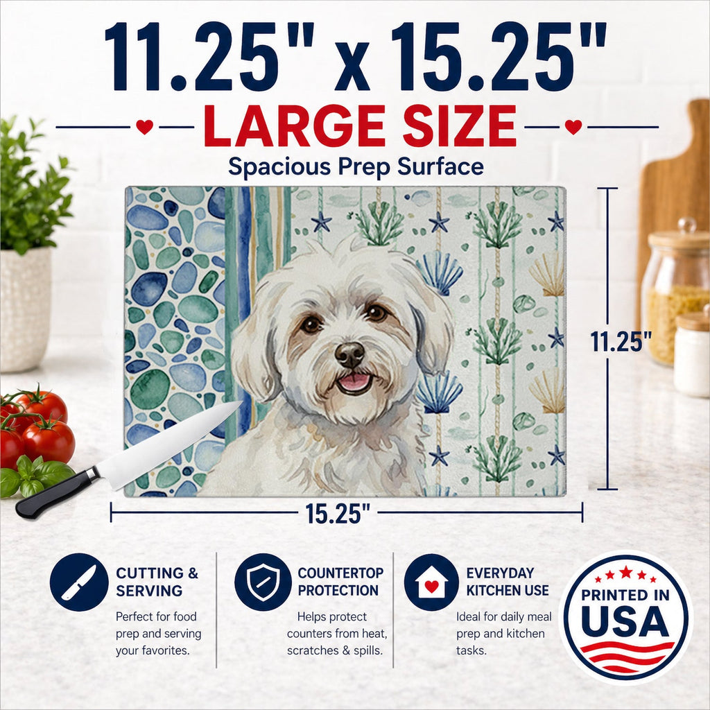 Coton de Tulear Coastal Sea Glass Cutting Board Tempered Glass Kitchen Cutting Surface, Heat Resistant Chopping, Non-Slip Feet, Food Prep & Serving