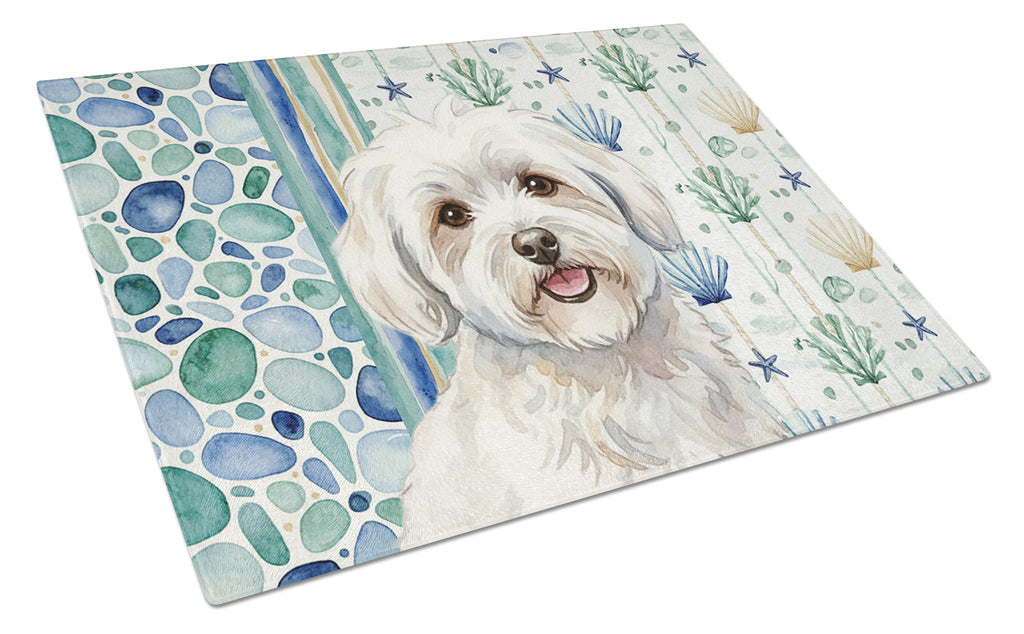 Coton de Tulear Coastal Sea Glass Cutting Board Tempered Glass Kitchen Cutting Surface, Heat Resistant Chopping, Non-Slip Feet, Food Prep & Serving