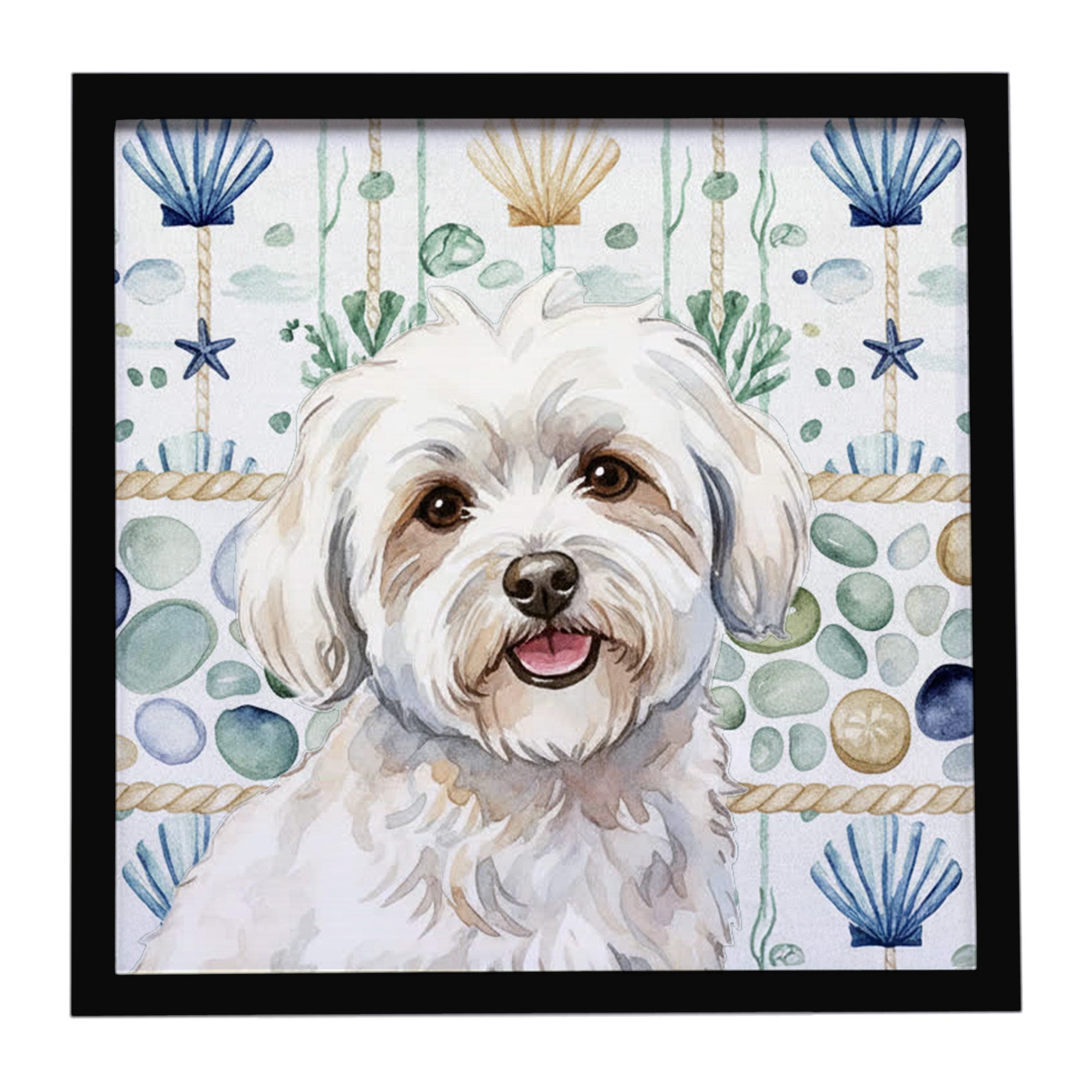 Coton de Tulear Coastal Sea Glass Framed Metal Print Bathroom, Kitchen, Office, Home Decor Wall Art Ready to Hang, Square, 8X8