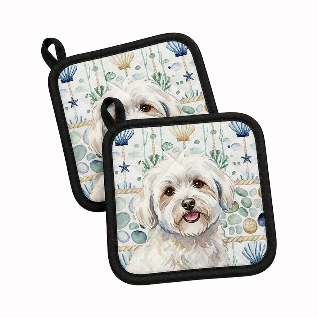 Coton de Tulear Coastal Sea Glass Pot Holder Set of 2 Heat Resistant Quilted Hot Pads 7.5 x 7.5 Inch, Insulated Kitchen Trivets for Cooking & Baking