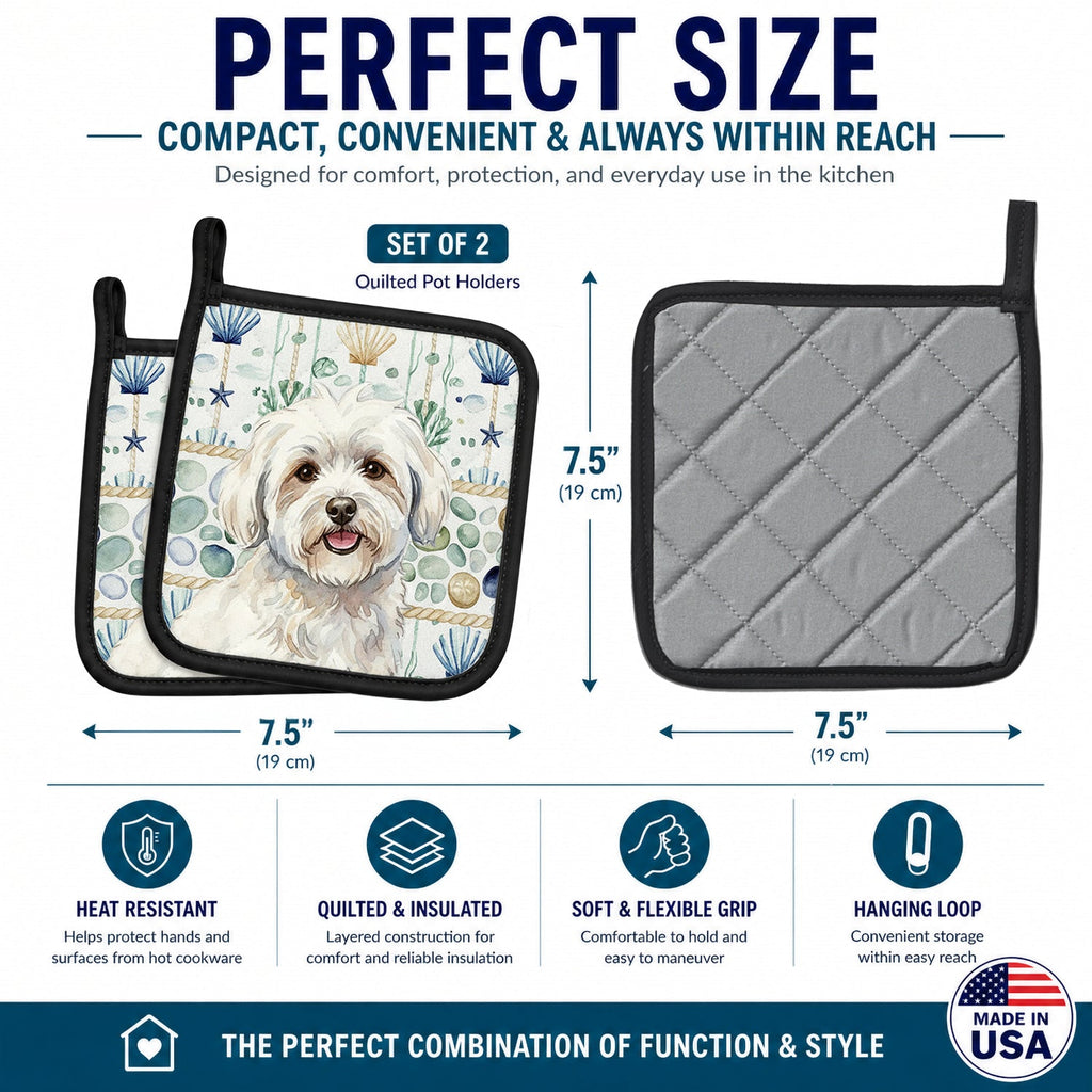 Coton de Tulear Coastal Sea Glass Pot Holder Set of 2 Heat Resistant Quilted Hot Pads 7.5 x 7.5 Inch, Insulated Kitchen Trivets for Cooking & Baking