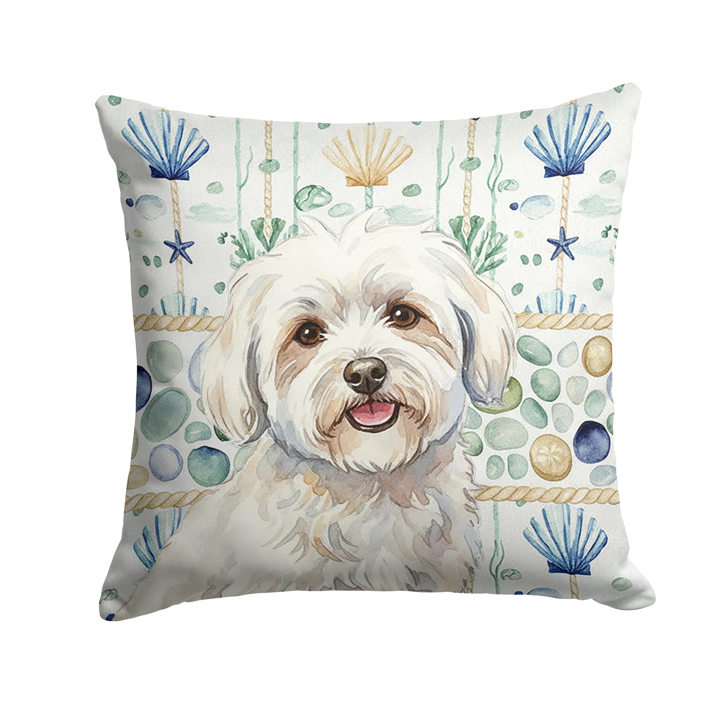 Coton de Tulear Coastal Sea Glass Decorative Throw Pillow 14x14 Indoor Outdoor Accent Cushion, Fabric Cover with Insert for Sofa, Bed, Porch & Living Room