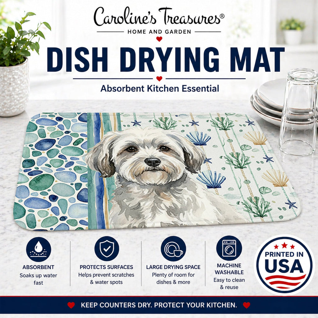 White with Gray Coton de Tulear Coastal Sea Glass Dish Drying Mat Absorbent Dish Drying Mat Pad for Kitchen Counter Dish Drainer Mat for Countertop, 14 x 21", Multicolor
