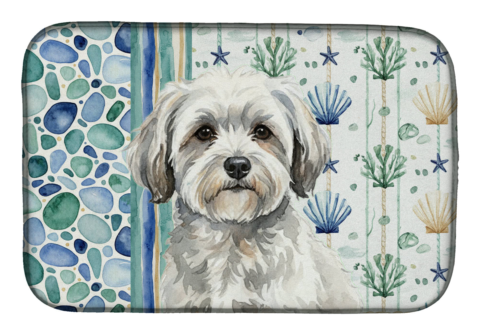 White with Gray Coton de Tulear Coastal Sea Glass Dish Drying Mat Absorbent Dish Drying Mat Pad for Kitchen Counter Dish Drainer Mat for Countertop, 14 x 21", Multicolor