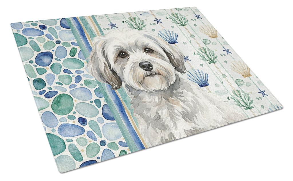 White with Gray Coton de Tulear Coastal Sea Glass Cutting Board Tempered Glass Kitchen Cutting Surface, Heat Resistant Chopping, Non-Slip Feet, Food Prep & Serving