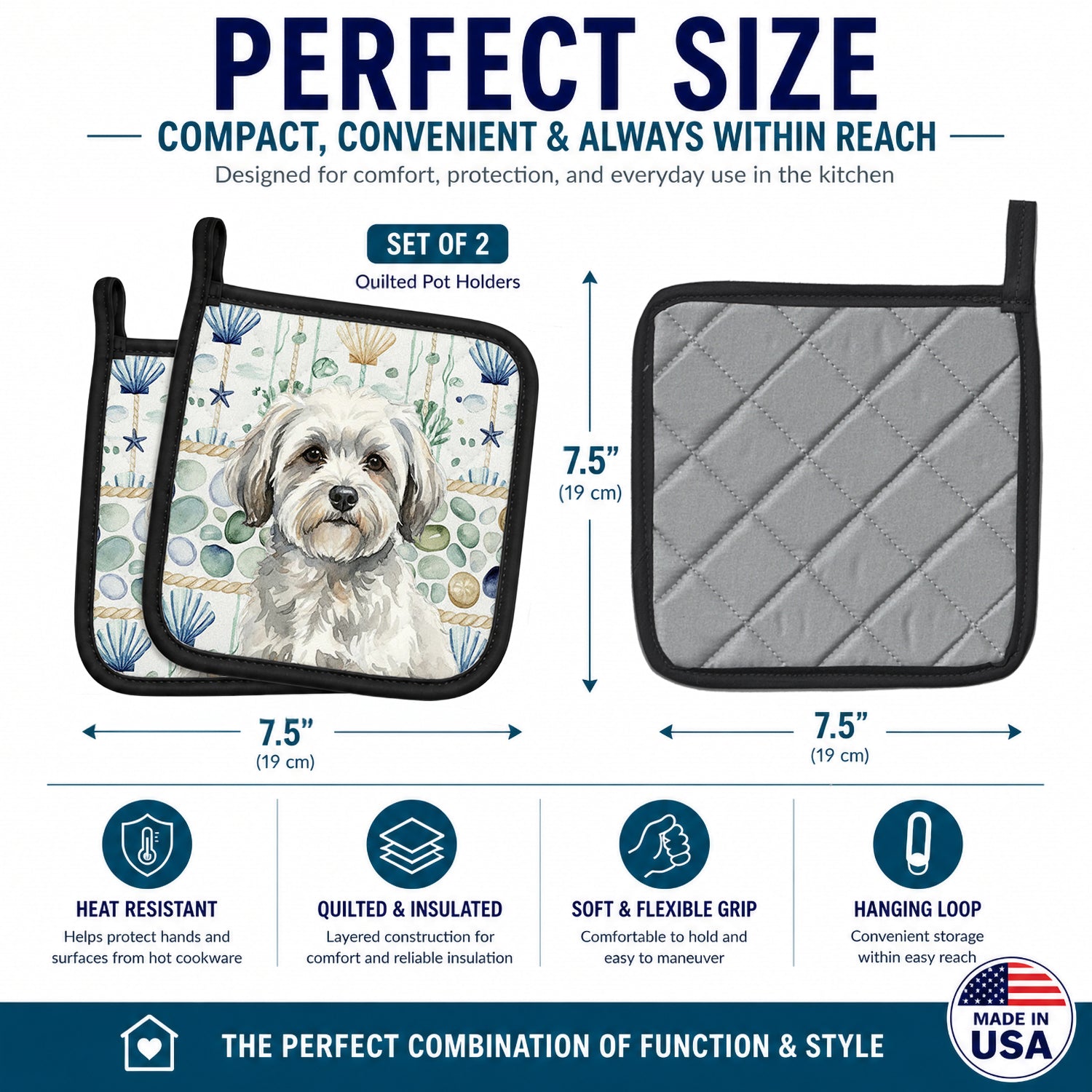 White with Gray Coton de Tulear Coastal Sea Glass Pot Holder Set of 2 Heat Resistant Quilted Hot Pads 7.5 x 7.5 Inch, Insulated Kitchen Trivets for Cooking & Baking