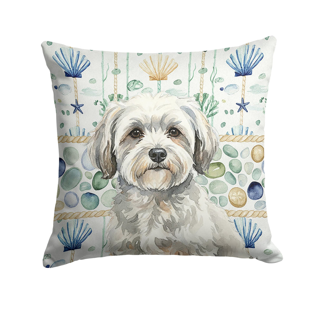 White with Gray Coton de Tulear Coastal Sea Glass Decorative Throw Pillow 14x14 Indoor Outdoor Accent Cushion, Fabric Cover with Insert for Sofa, Bed, Porch & Living Room