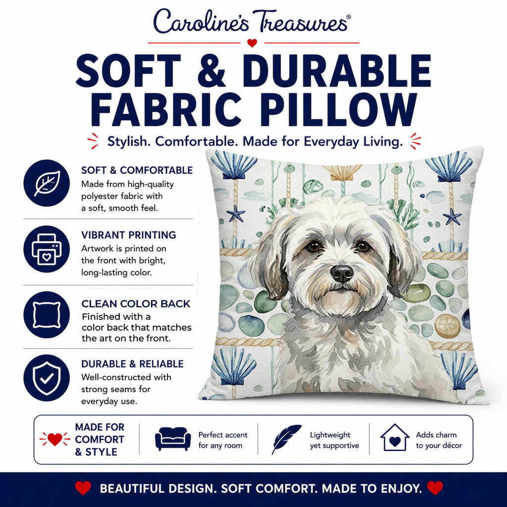 White with Gray Coton de Tulear Coastal Sea Glass Decorative Throw Pillow 18x18 Indoor Outdoor Accent Cushion, Fabric Cover with Insert for Sofa, Bed, Porch & Living Room