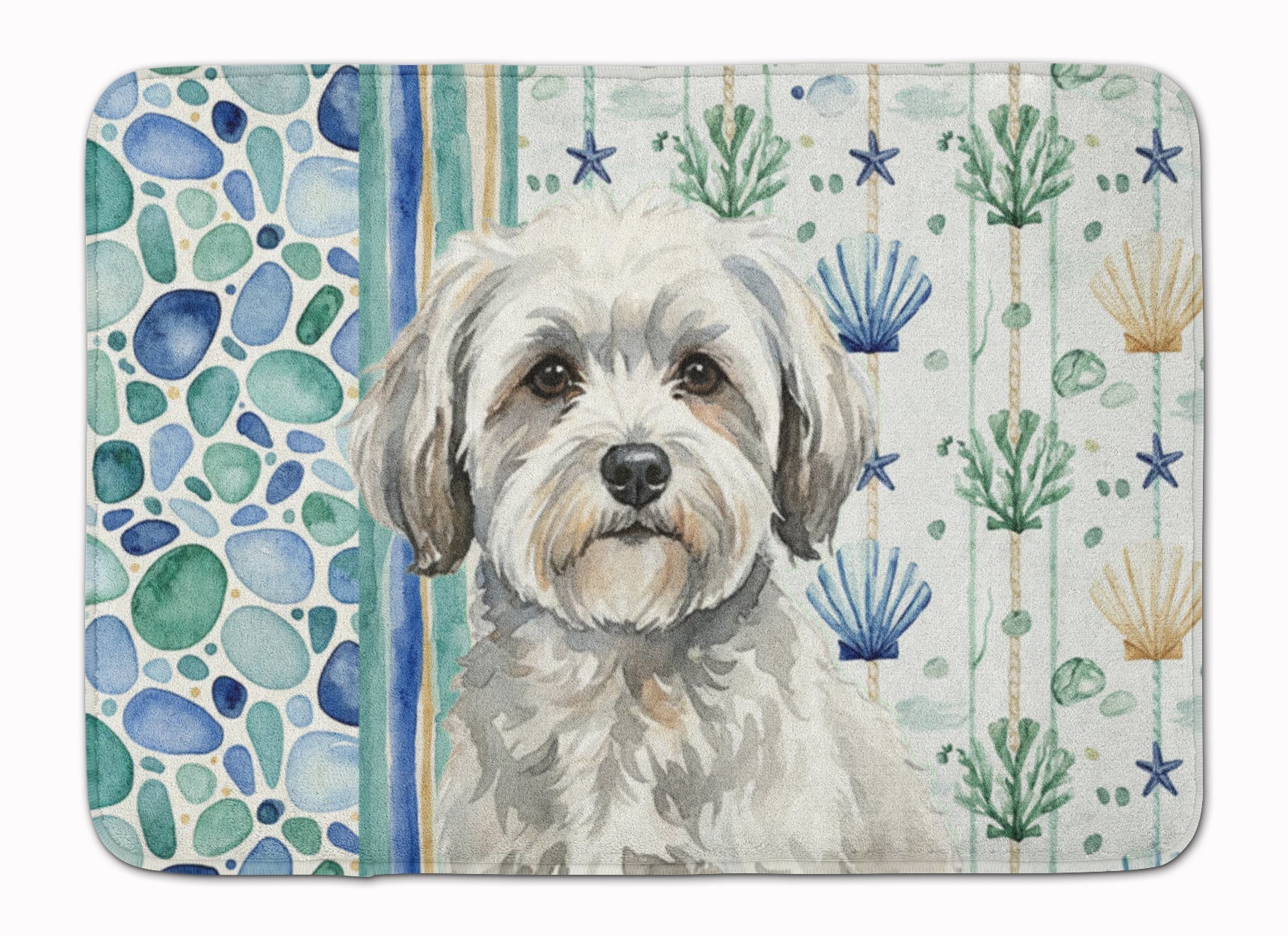 White with Gray Coton de Tulear Coastal Sea Glass Memory Foam Kitchen Mat Machine Washable Anti-Fatigue Cushion Comfort Bath or Kitchen Rug