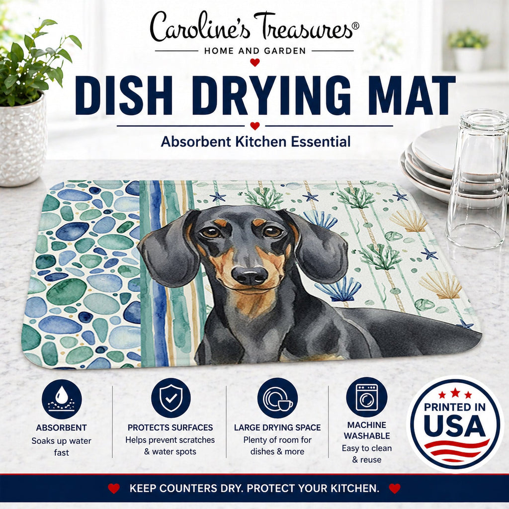 Black and Tan Dachshund Coastal Sea Glass Dish Drying Mat Absorbent Dish Drying Mat Pad for Kitchen Counter Dish Drainer Mat for Countertop, 14 x 21", Multicolor