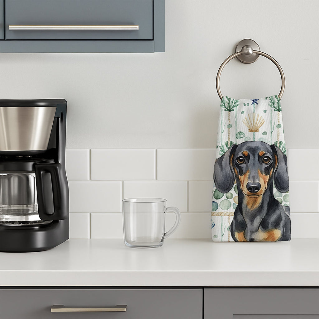 Black and Tan Dachshund Coastal Sea Glass Kitchen Towel Velour Plush Front and Cotton Loop Back Machine Washable