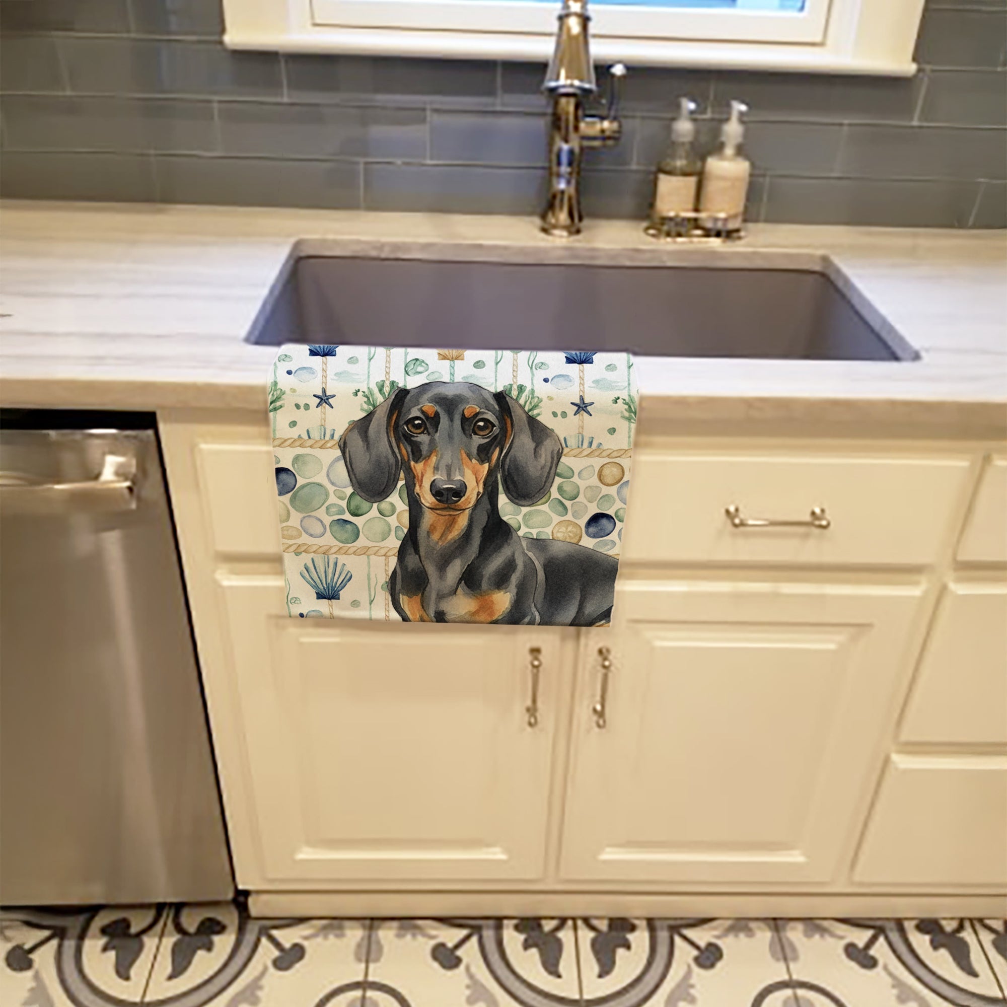Black and Tan Dachshund Coastal Sea Glass Kitchen Towel Velour Plush Front and Cotton Loop Back Machine Washable