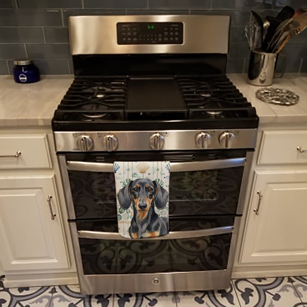 Black and Tan Dachshund Coastal Sea Glass Kitchen Towel Velour Plush Front and Cotton Loop Back Machine Washable