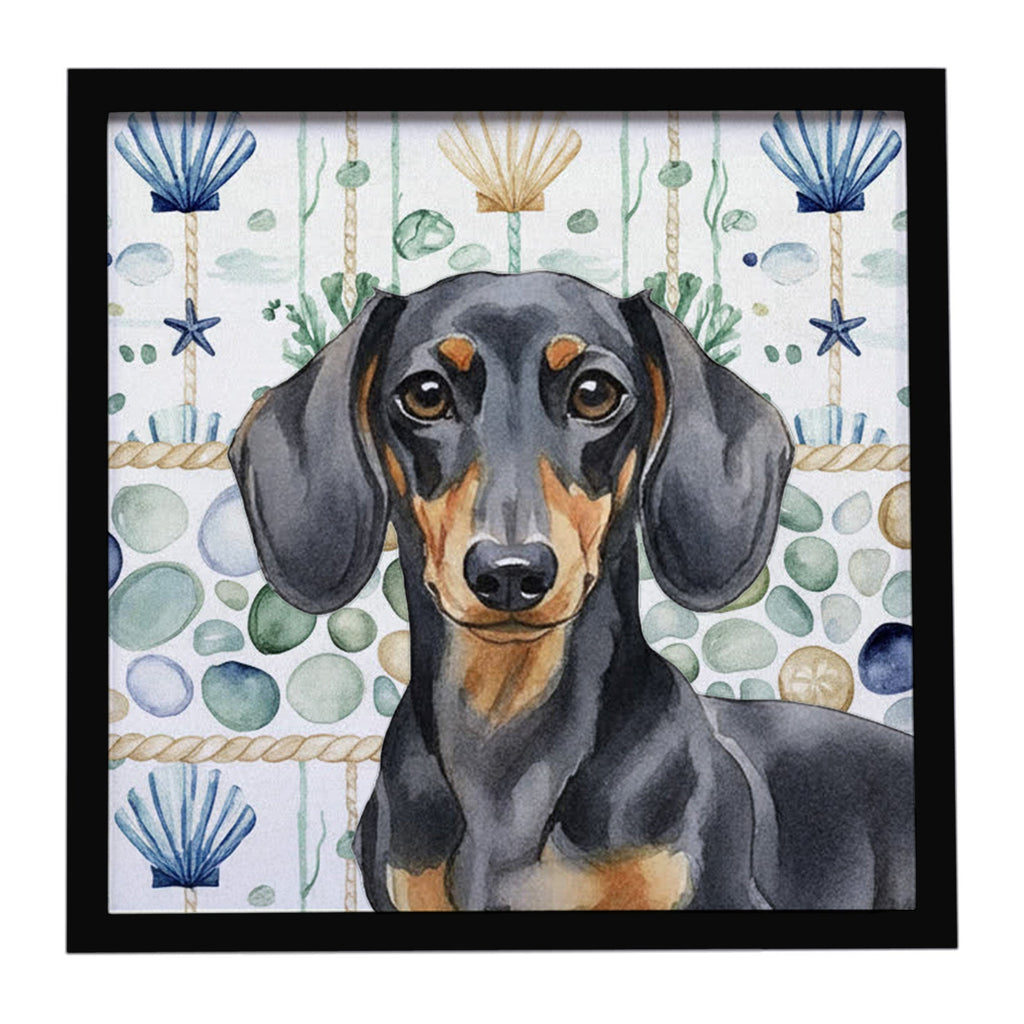 Black and Tan Dachshund Coastal Sea Glass Framed Metal Print Bathroom, Kitchen, Office, Home Decor Wall Art Ready to Hang, Square, 8X8