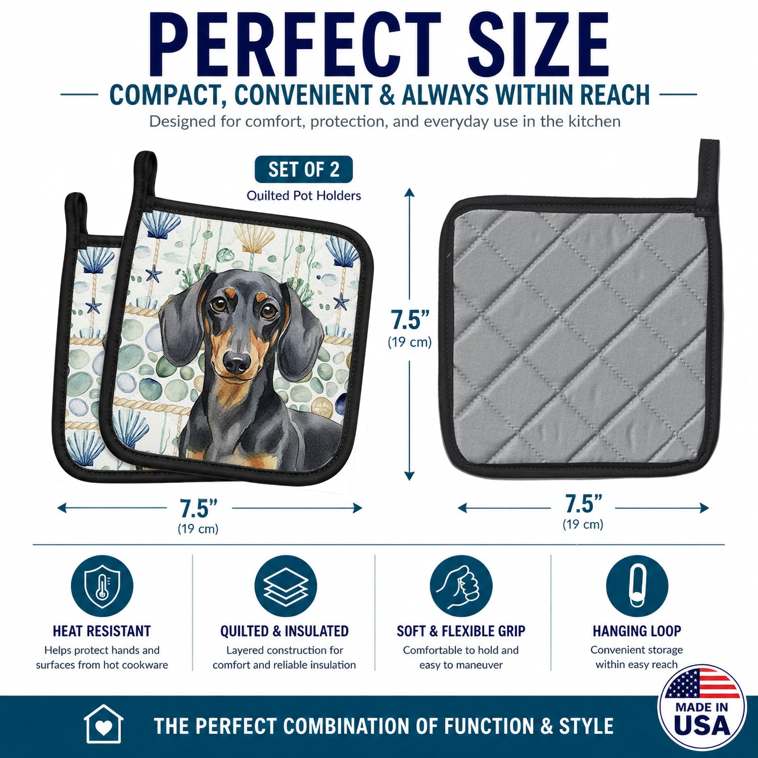 Black and Tan Dachshund Coastal Sea Glass Pot Holder Set of 2 Heat Resistant Quilted Hot Pads 7.5 x 7.5 Inch, Insulated Kitchen Trivets for Cooking & Baking