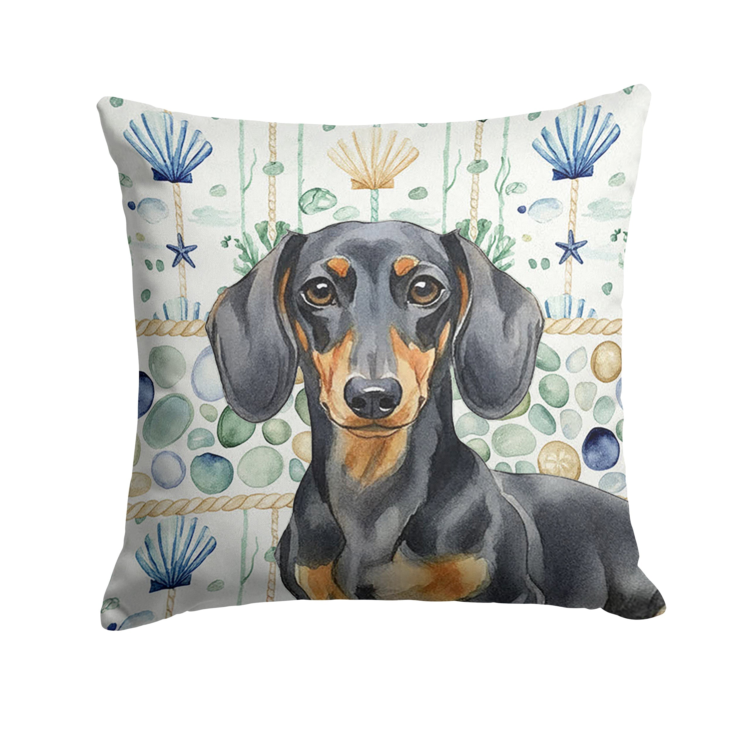 Black and Tan Dachshund Coastal Sea Glass Decorative Throw Pillow 18x18 Indoor Outdoor Accent Cushion, Fabric Cover with Insert for Sofa, Bed, Porch & Living Room