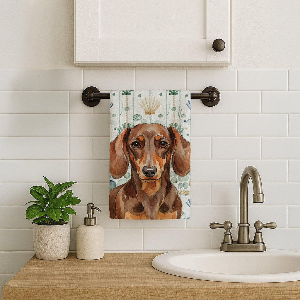 Chocolate and Tan Dachshund Coastal Sea Glass Kitchen Towel Velour Plush Front and Cotton Loop Back Machine Washable