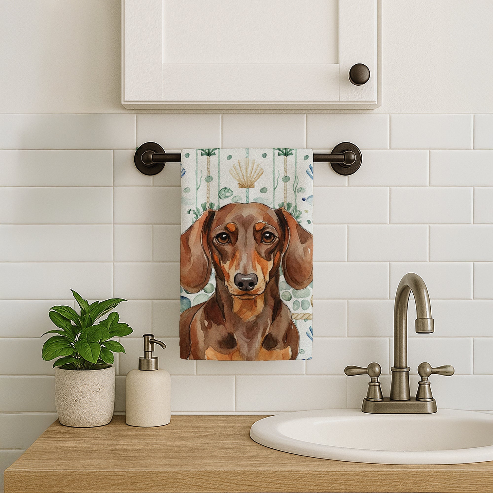 Chocolate and Tan Dachshund Coastal Sea Glass Kitchen Towel Velour Plush Front and Cotton Loop Back Machine Washable