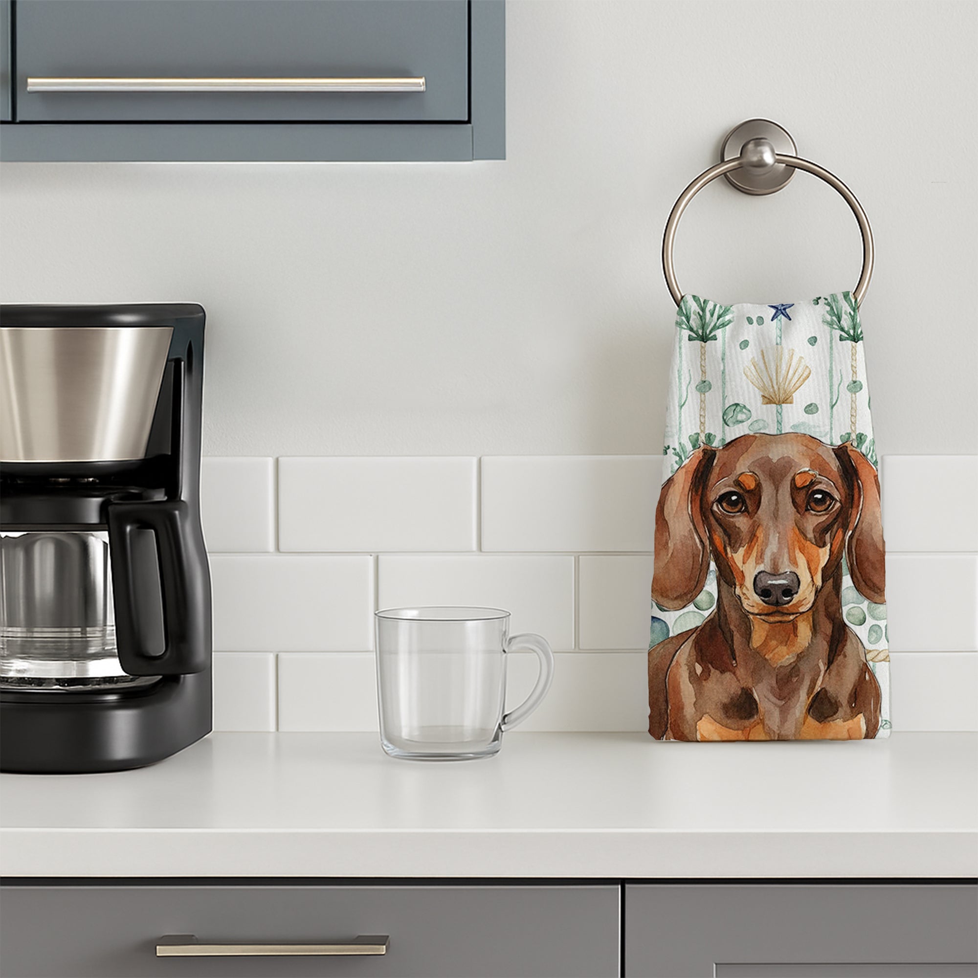 Chocolate and Tan Dachshund Coastal Sea Glass Kitchen Towel Velour Plush Front and Cotton Loop Back Machine Washable