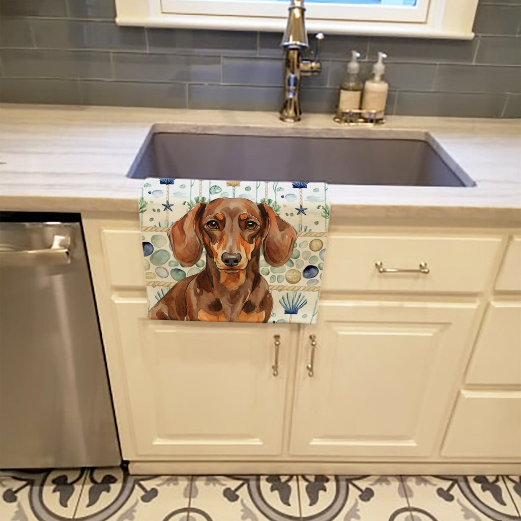 Chocolate and Tan Dachshund Coastal Sea Glass Kitchen Towel Velour Plush Front and Cotton Loop Back Machine Washable
