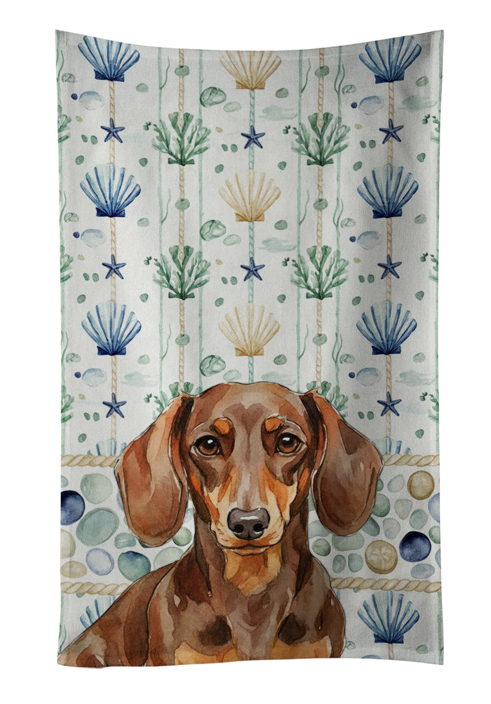 Chocolate and Tan Dachshund Coastal Sea Glass Kitchen Towel Velour Plush Front and Cotton Loop Back Machine Washable