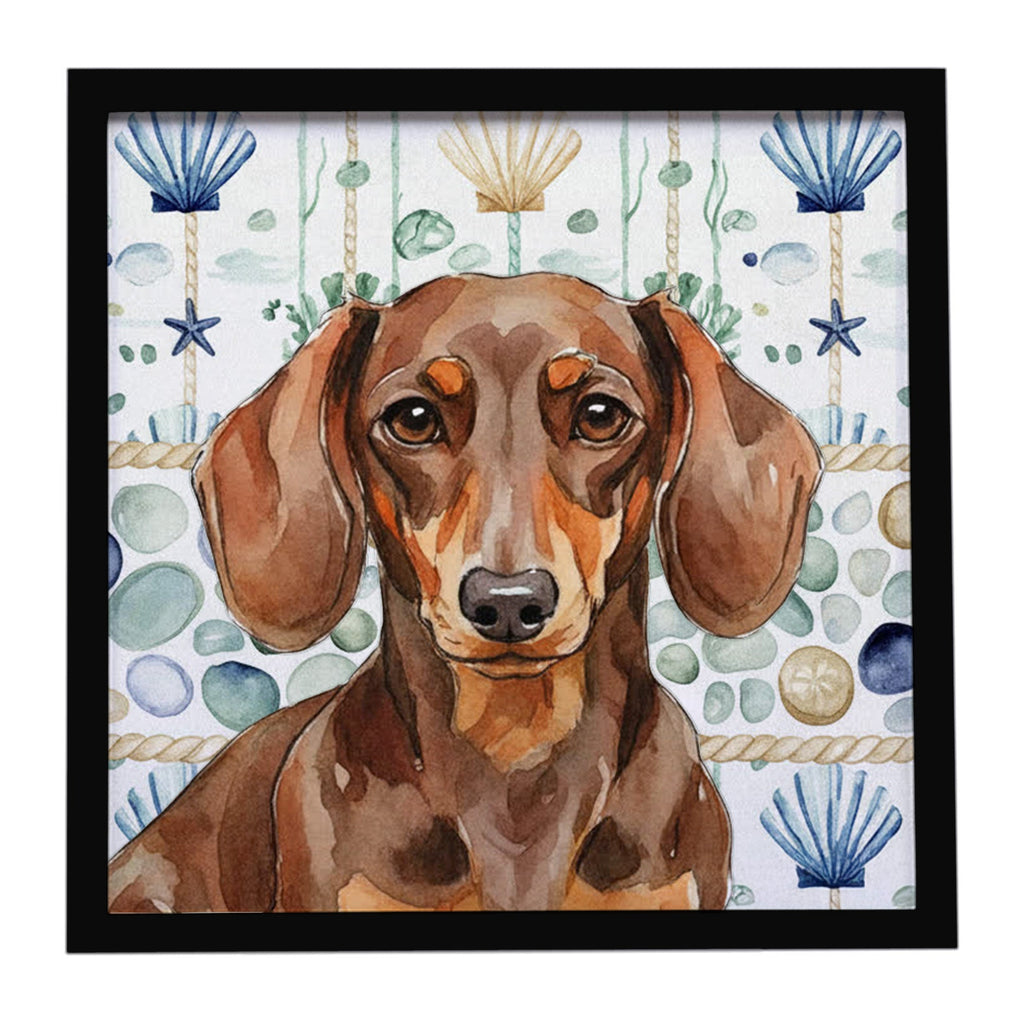 Chocolate and Tan Dachshund Coastal Sea Glass Framed Metal Print Bathroom, Kitchen, Office, Home Decor Wall Art Ready to Hang, Square, 8X8