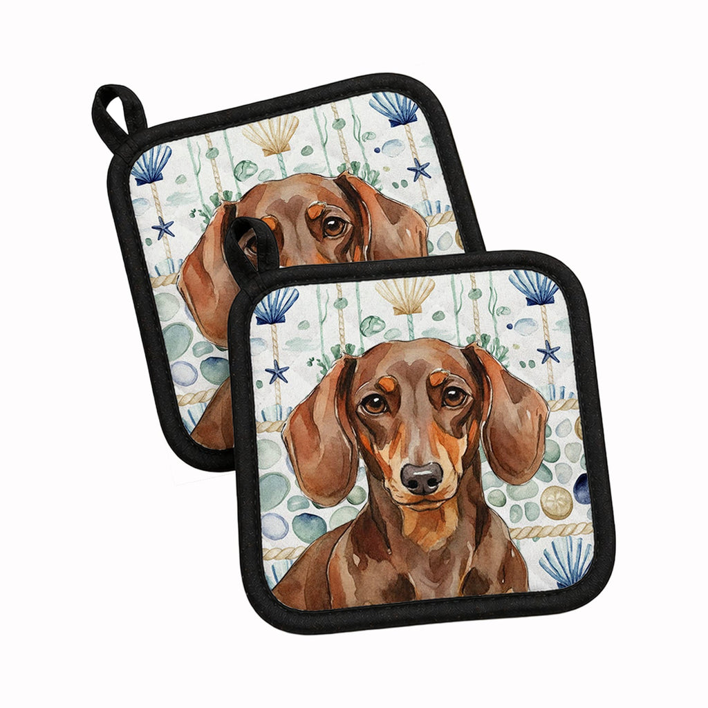 Chocolate and Tan Dachshund Coastal Sea Glass Pot Holder Set of 2 Heat Resistant Quilted Hot Pads 7.5 x 7.5 Inch, Insulated Kitchen Trivets for Cooking & Baking