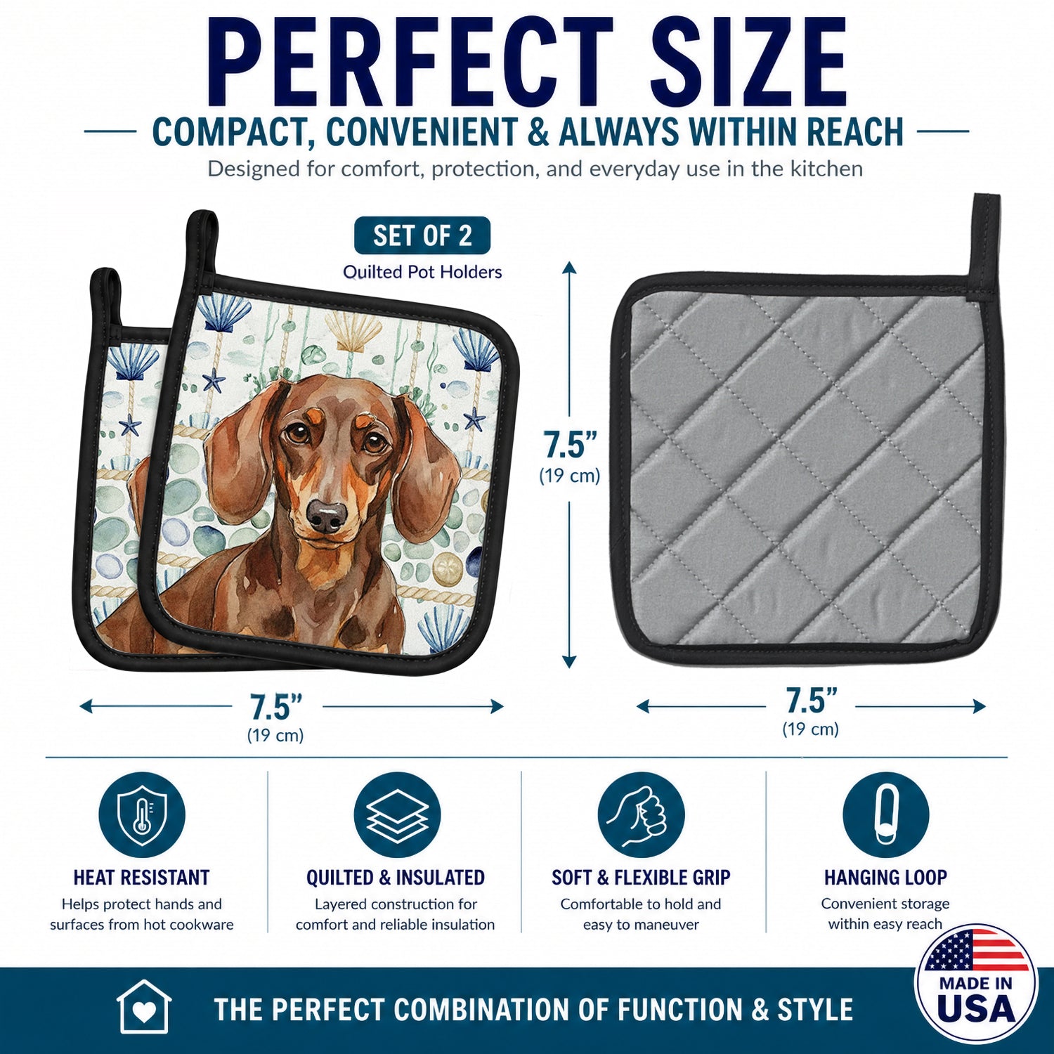 Chocolate and Tan Dachshund Coastal Sea Glass Pot Holder Set of 2 Heat Resistant Quilted Hot Pads 7.5 x 7.5 Inch, Insulated Kitchen Trivets for Cooking & Baking