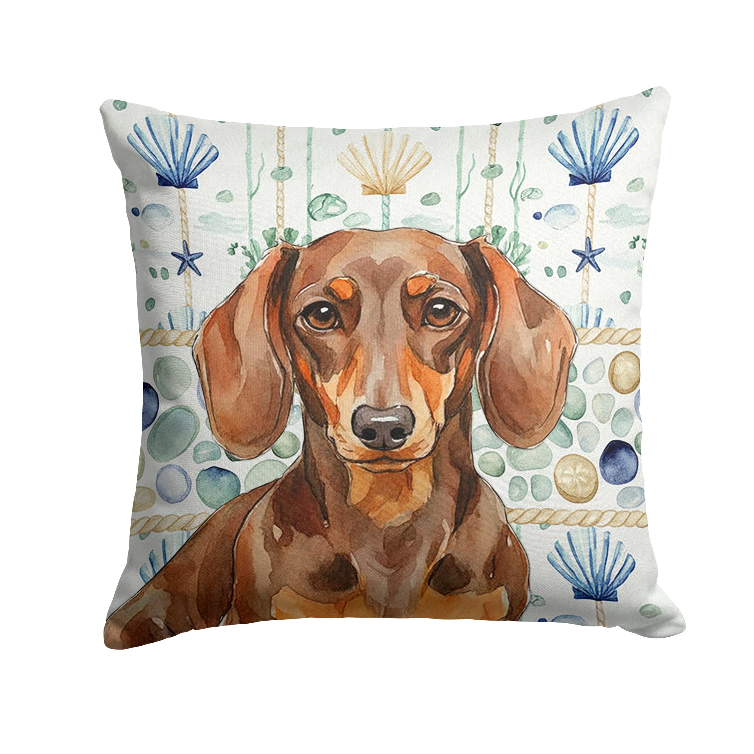 Chocolate and Tan Dachshund Coastal Sea Glass Decorative Throw Pillow 18x18 Indoor Outdoor Accent Cushion, Fabric Cover with Insert for Sofa, Bed, Porch & Living Room