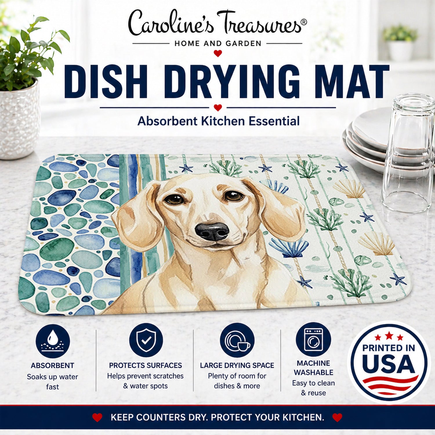 Cream Dachshund Coastal Sea Glass Dish Drying Mat Absorbent Dish Drying Mat Pad for Kitchen Counter Dish Drainer Mat for Countertop, 14 x 21", Multicolor