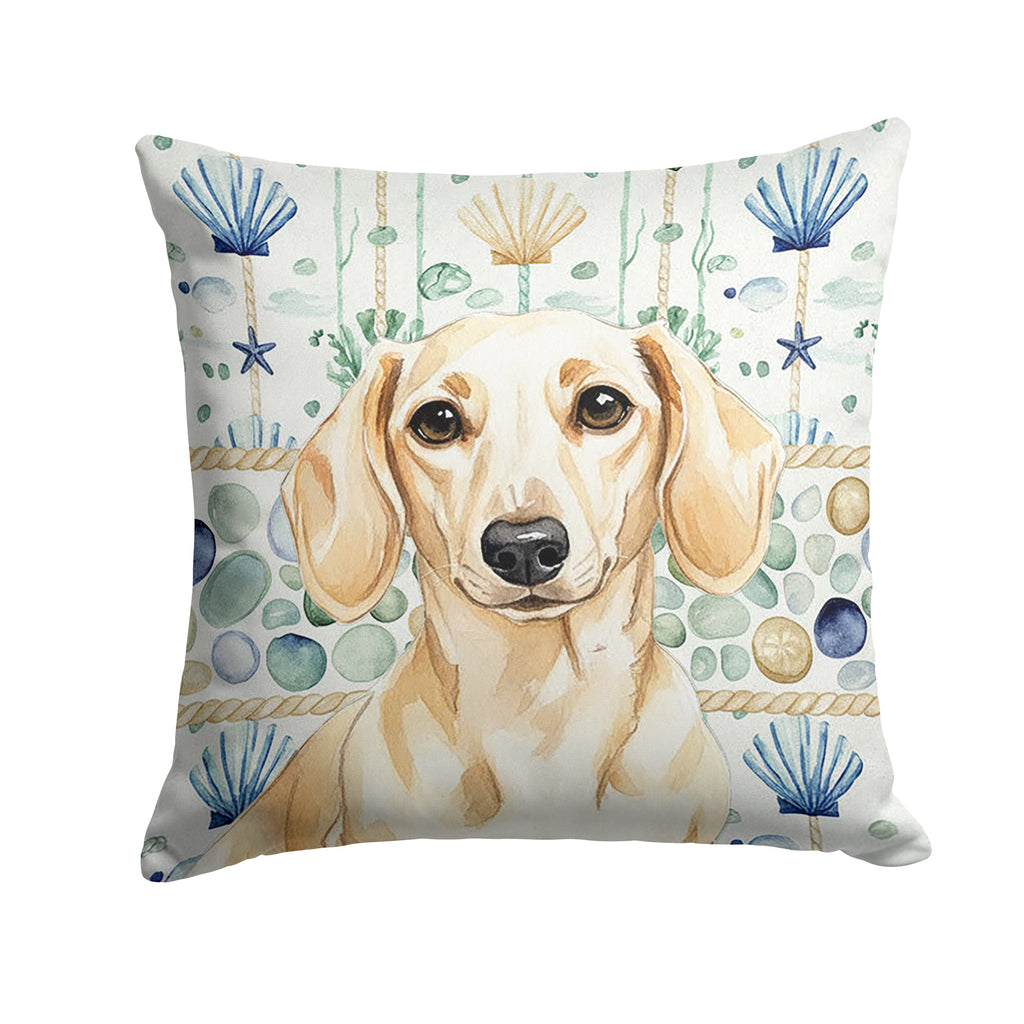 Cream Dachshund Coastal Sea Glass Decorative Throw Pillow 14x14 Indoor Outdoor Accent Cushion, Fabric Cover with Insert for Sofa, Bed, Porch & Living Room