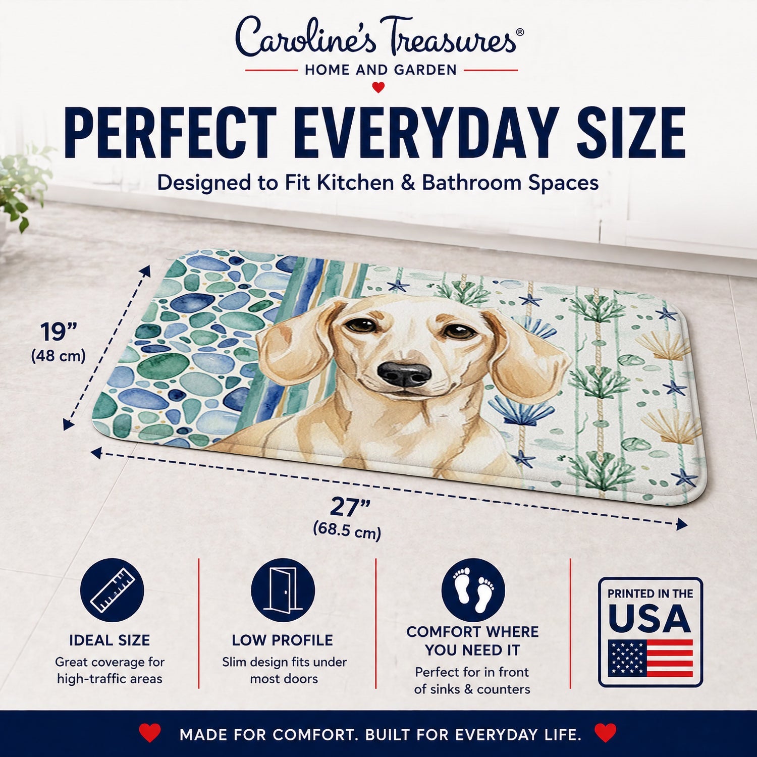 Cream Dachshund Coastal Sea Glass Memory Foam Kitchen Mat Machine Washable Anti-Fatigue Cushion Comfort Bath or Kitchen Rug