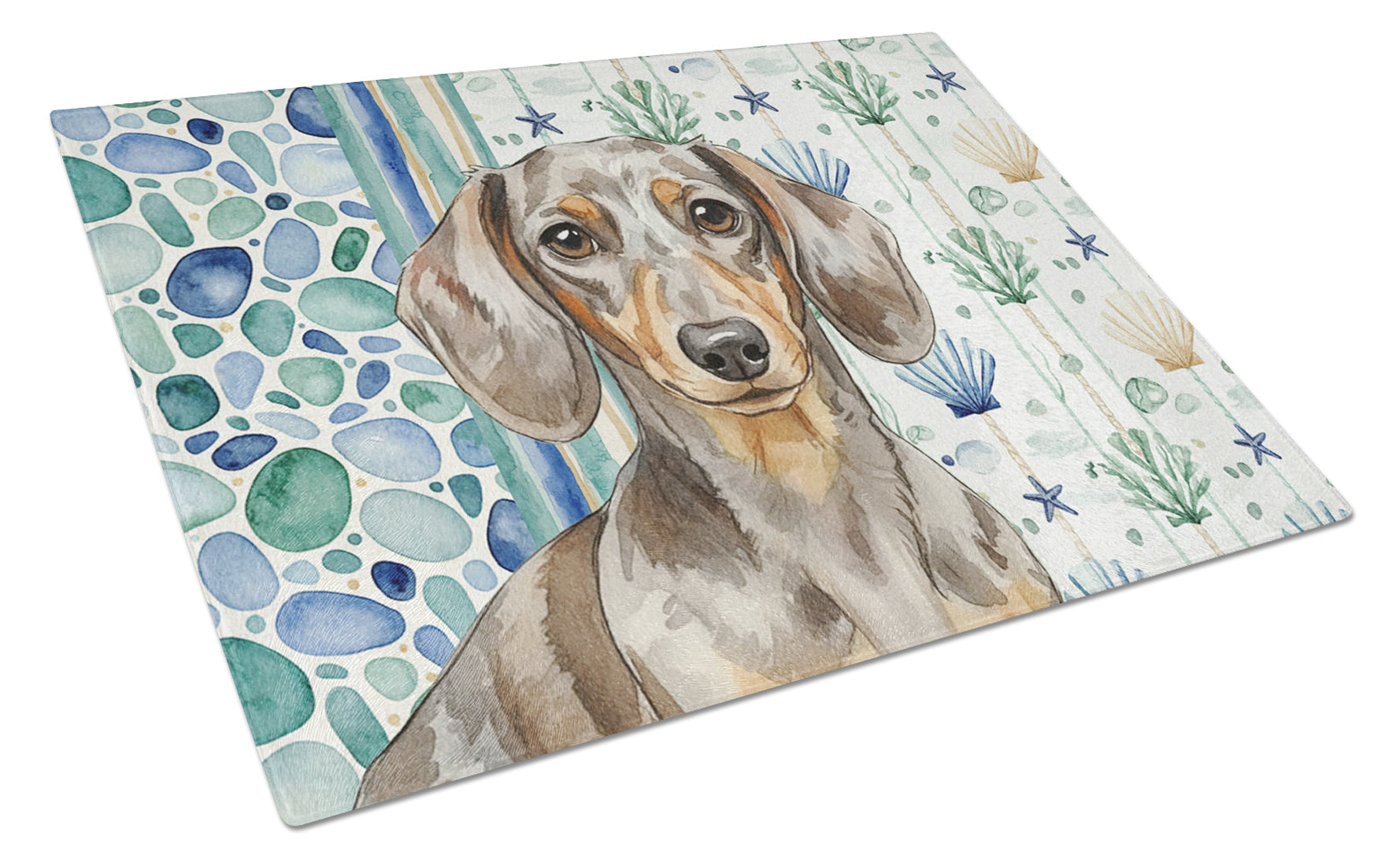 Dapple Dachshund Coastal Sea Glass Cutting Board Tempered Glass Kitchen Cutting Surface, Heat Resistant Chopping, Non-Slip Feet, Food Prep & Serving