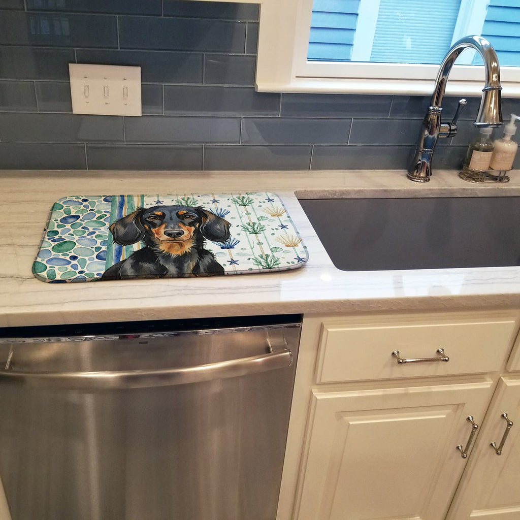Longhaired Black and Tan Dachshund Coastal Sea Glass Dish Drying Mat Absorbent Dish Drying Mat Pad for Kitchen Counter Dish Drainer Mat for Countertop, 14 x 21", Multicolor