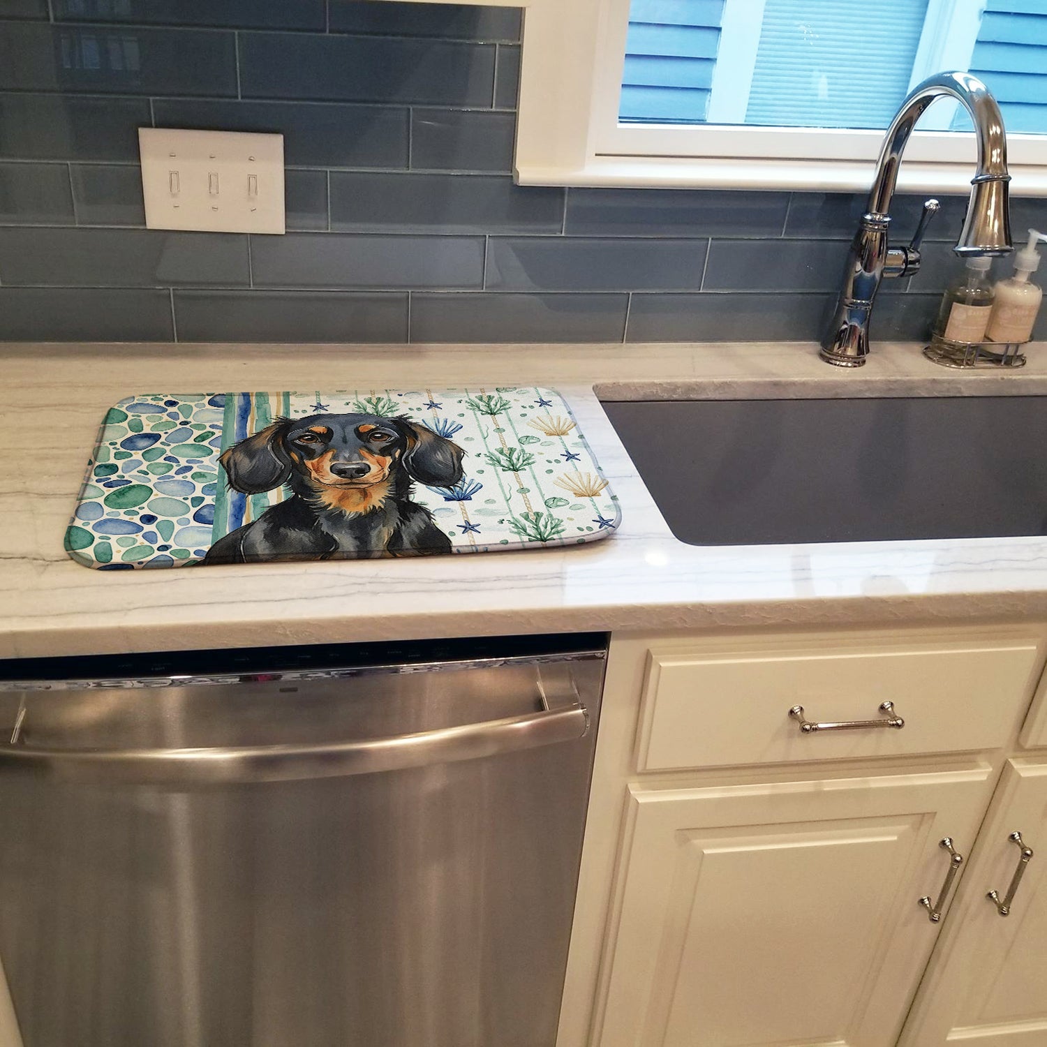 Longhaired Black and Tan Dachshund Coastal Sea Glass Dish Drying Mat Absorbent Dish Drying Mat Pad for Kitchen Counter Dish Drainer Mat for Countertop, 14 x 21", Multicolor