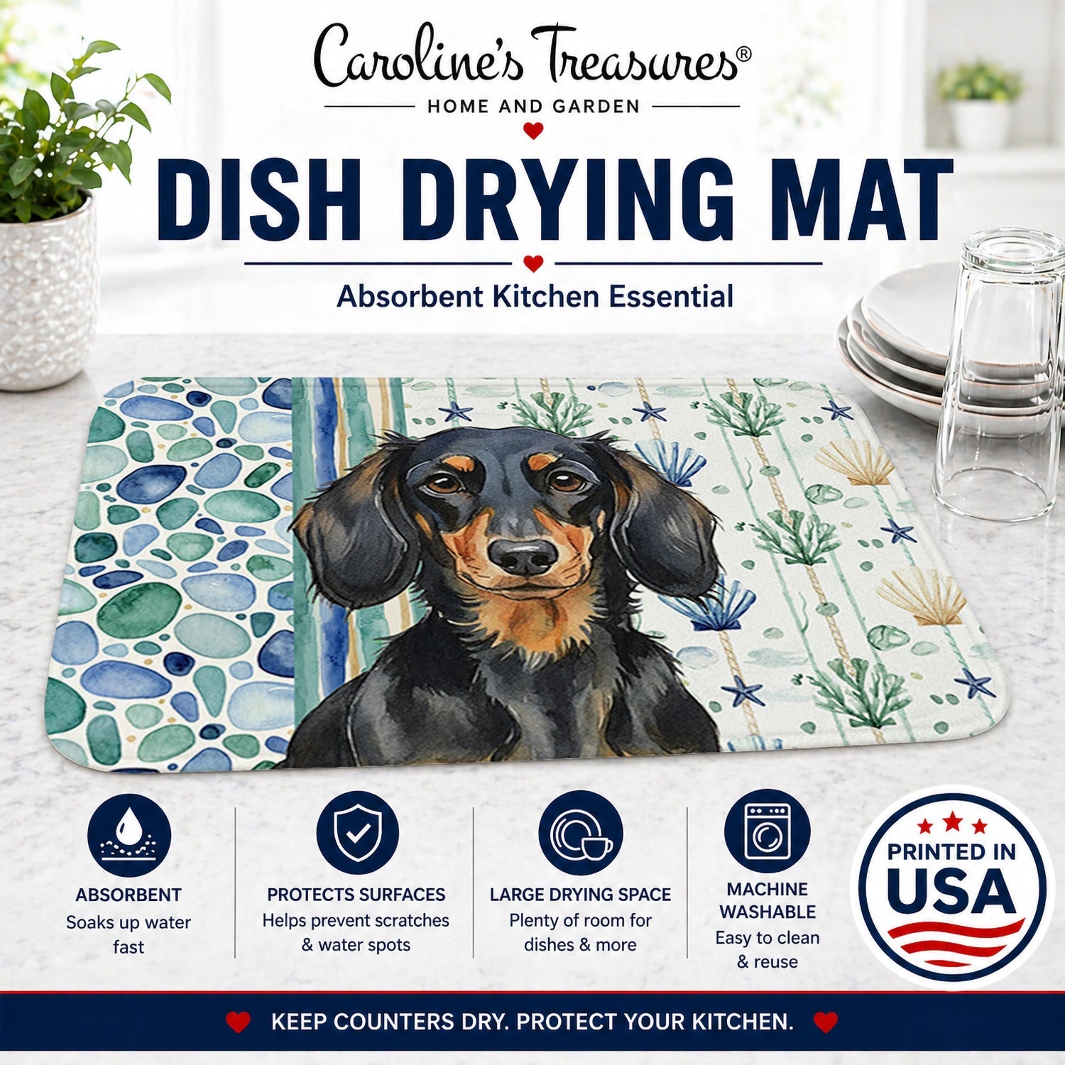 Longhaired Black and Tan Dachshund Coastal Sea Glass Dish Drying Mat Absorbent Dish Drying Mat Pad for Kitchen Counter Dish Drainer Mat for Countertop, 14 x 21", Multicolor