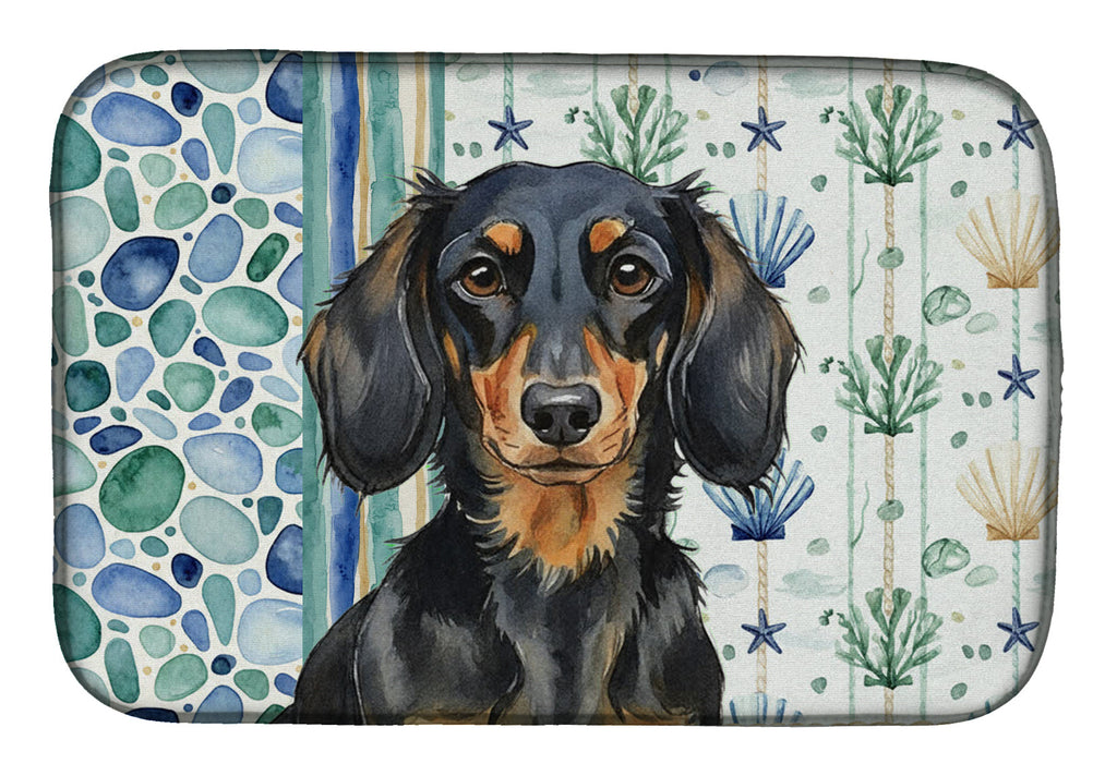 Longhaired Black and Tan Dachshund Coastal Sea Glass Dish Drying Mat Absorbent Dish Drying Mat Pad for Kitchen Counter Dish Drainer Mat for Countertop, 14 x 21", Multicolor