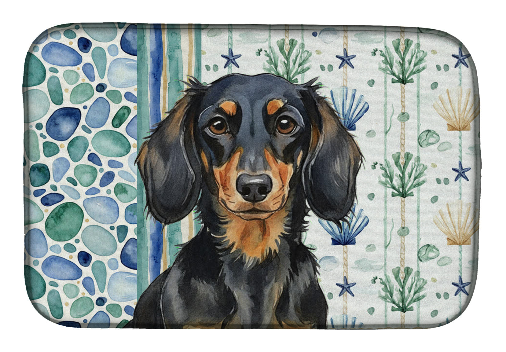 Longhaired Black and Tan Dachshund Coastal Sea Glass Dish Drying Mat Absorbent Dish Drying Mat Pad for Kitchen Counter Dish Drainer Mat for Countertop, 14 x 21", Multicolor
