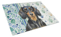 Longhaired Black and Tan Dachshund Coastal Sea Glass Cutting Board Tempered Glass Kitchen Cutting Surface, Heat Resistant Chopping, Non-Slip Feet, Food Prep & Serving