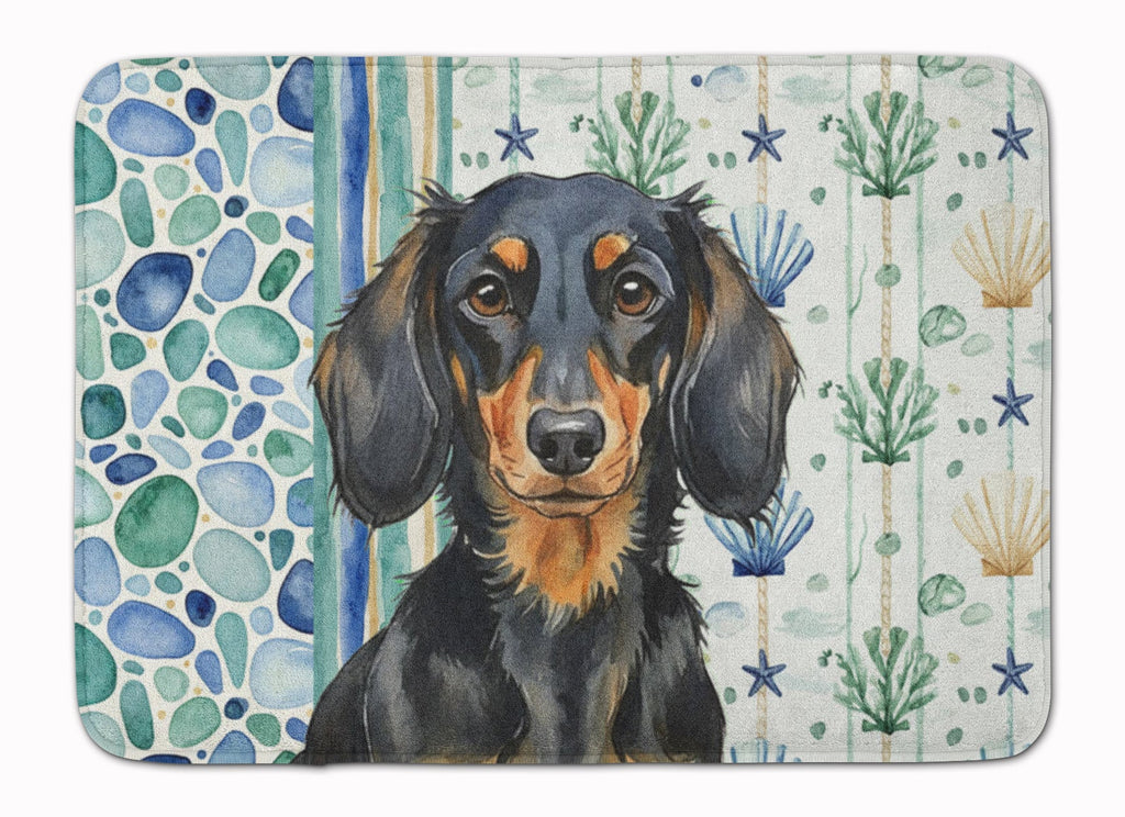 Longhaired Black and Tan Dachshund Coastal Sea Glass Memory Foam Kitchen Mat Machine Washable Anti-Fatigue Cushion Comfort Bath or Kitchen Rug