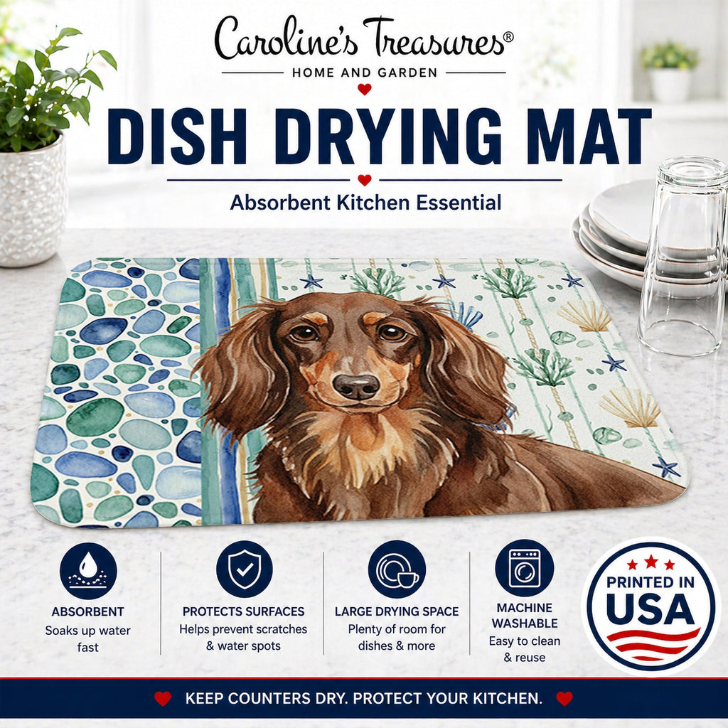 Longhaired Chocolate and Tan Dachshund Coastal Sea Glass Dish Drying Mat Absorbent Dish Drying Mat Pad for Kitchen Counter Dish Drainer Mat for Countertop, 14 x 21", Multicolor