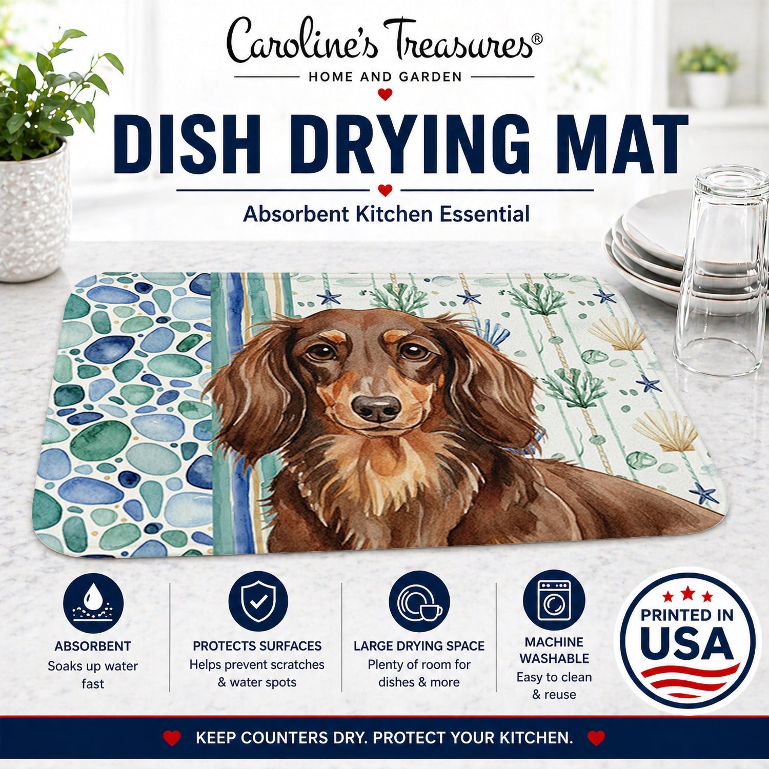 Longhaired Chocolate and Tan Dachshund Coastal Sea Glass Dish Drying Mat Absorbent Dish Drying Mat Pad for Kitchen Counter Dish Drainer Mat for Countertop, 14 x 21", Multicolor
