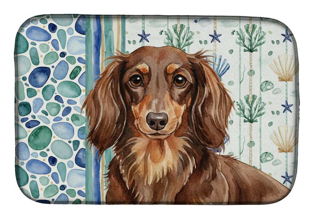 Longhaired Chocolate and Tan Dachshund Coastal Sea Glass Dish Drying Mat Absorbent Dish Drying Mat Pad for Kitchen Counter Dish Drainer Mat for Countertop, 14 x 21", Multicolor